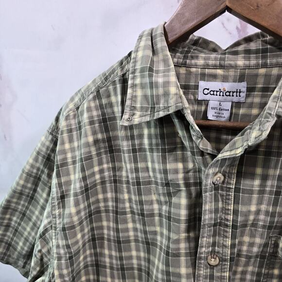 Carhartt Shirt Mens Large Short Sleeve Button Up Plaid Green Collared - Picture 2 of 13